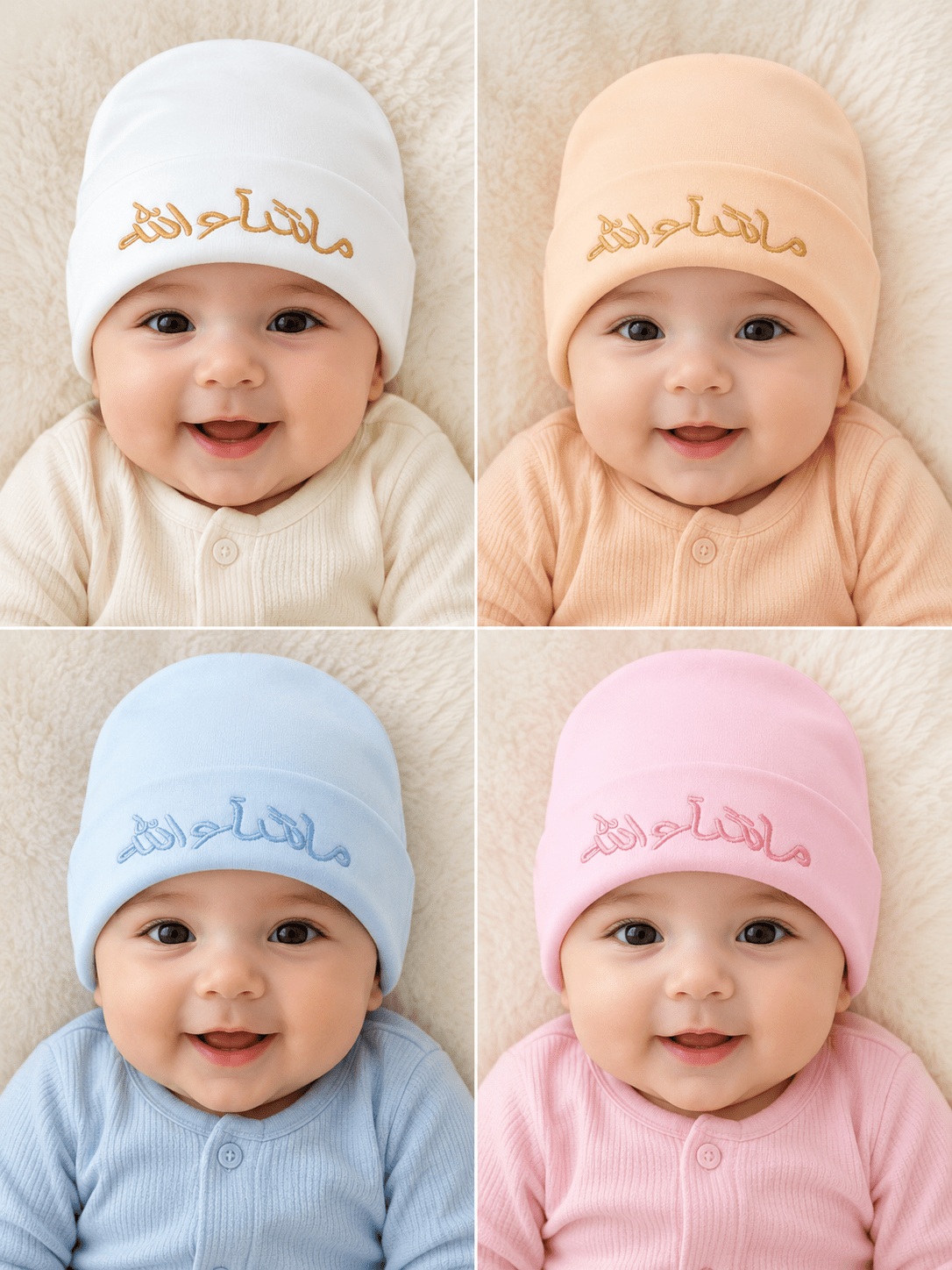 4 Pcs MashAllah Embroidered Newborn Baby Cap Set – Premium Soft Cotton Beanies