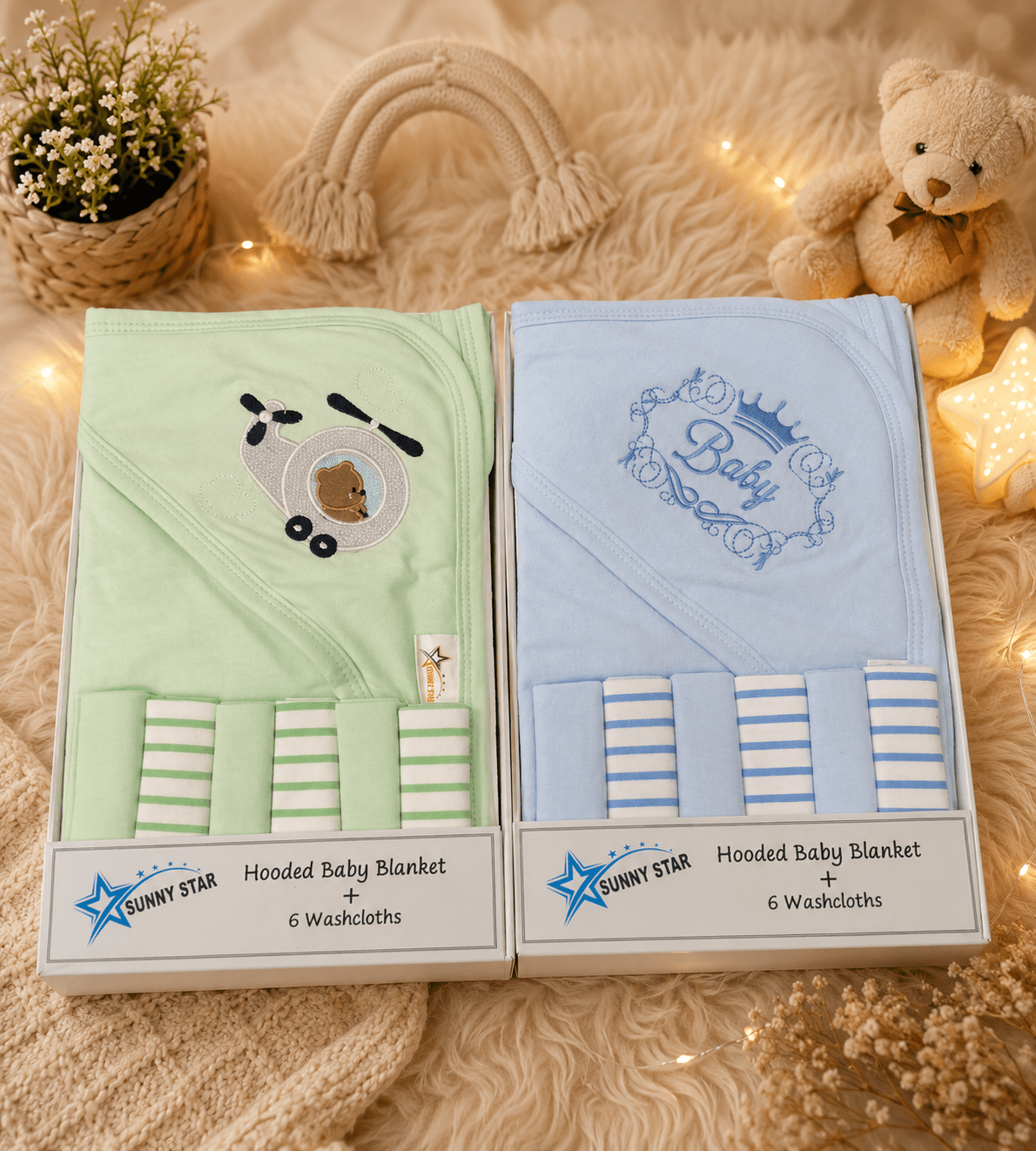 Sunny Star Hooded Baby Blanket Set with 6 Washcloths