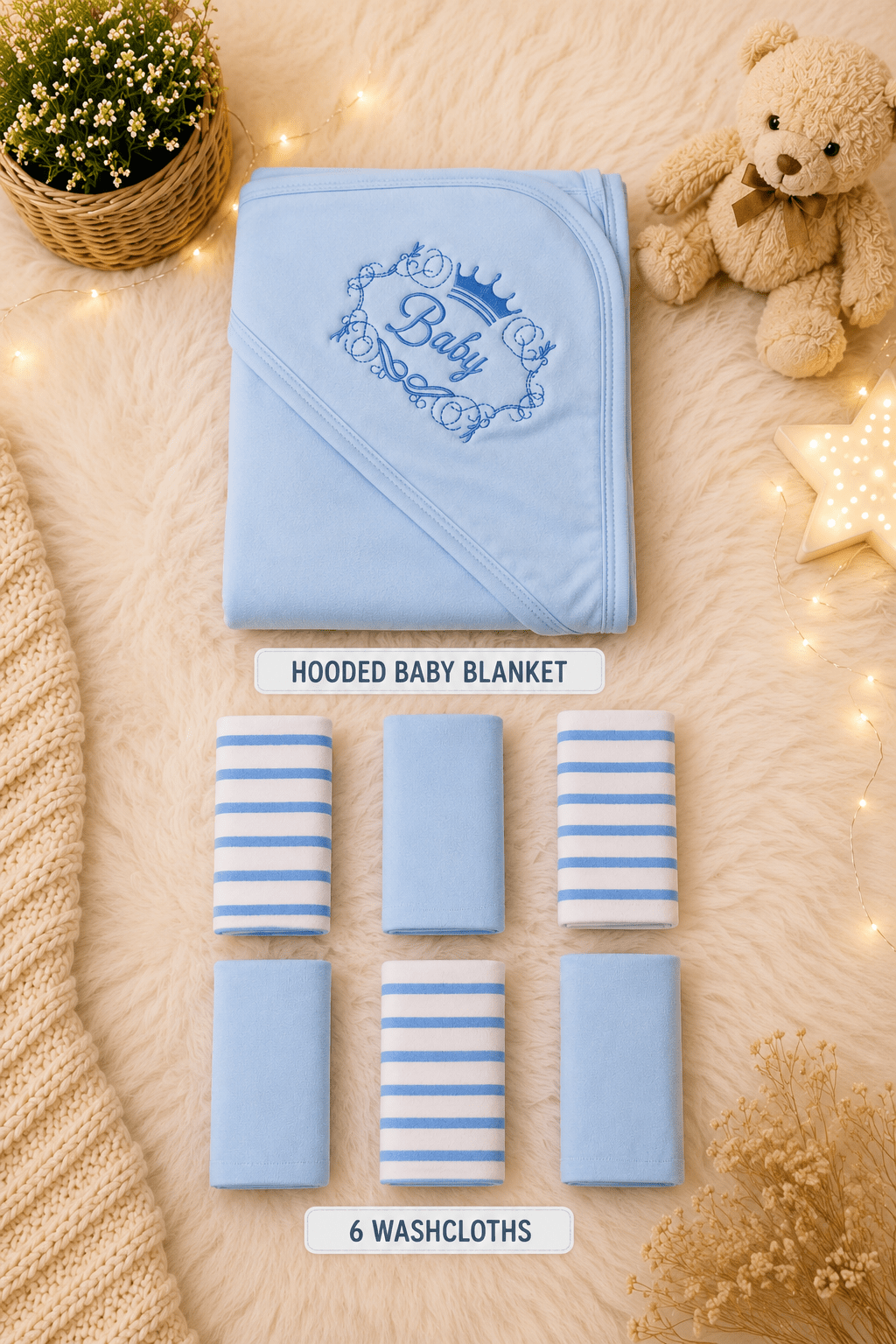 Sunny Star Hooded Baby Blanket Set with 6 Washcloths