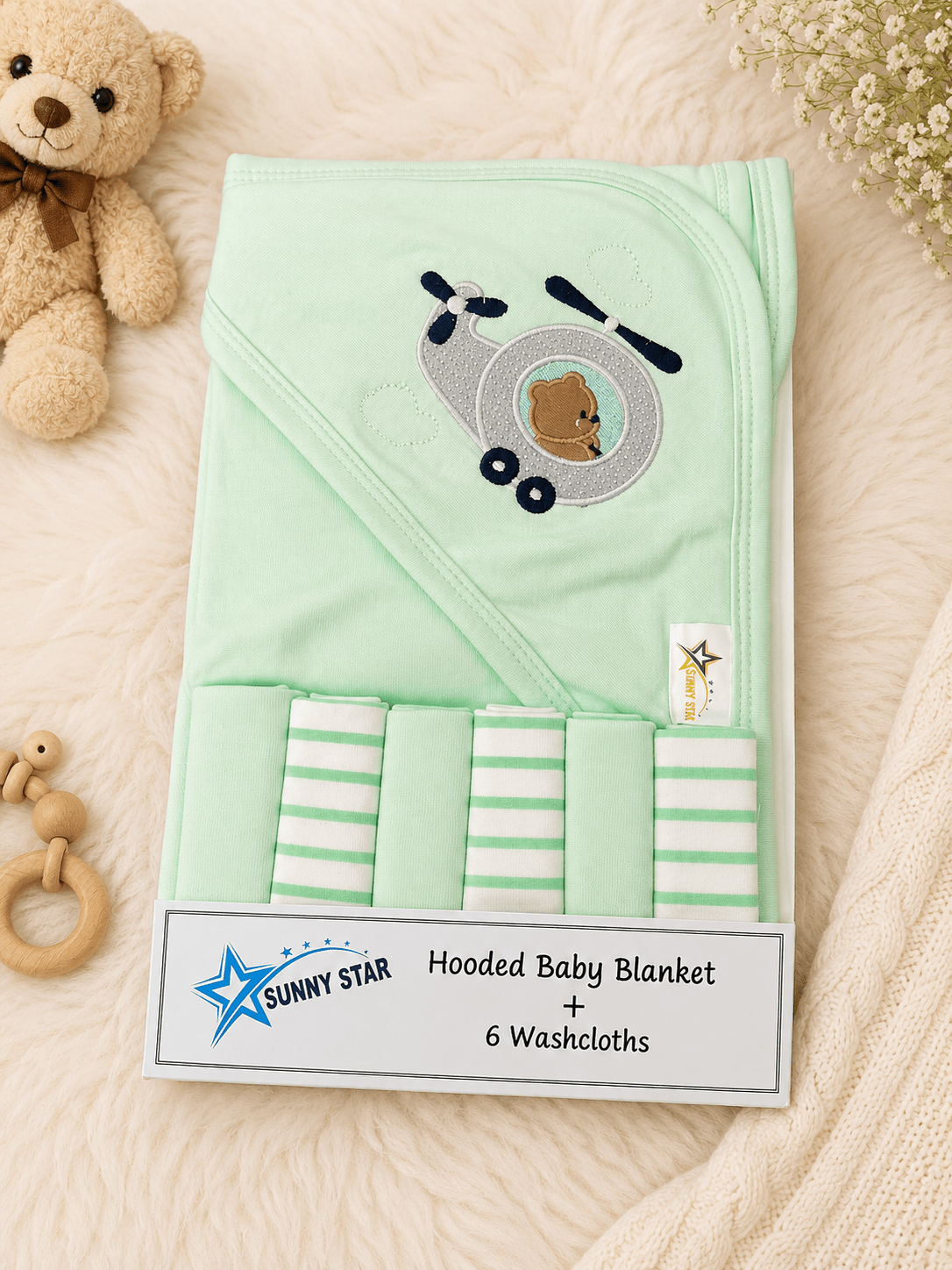 Sunny Star Hooded Baby Blanket Set with 6 Washcloths