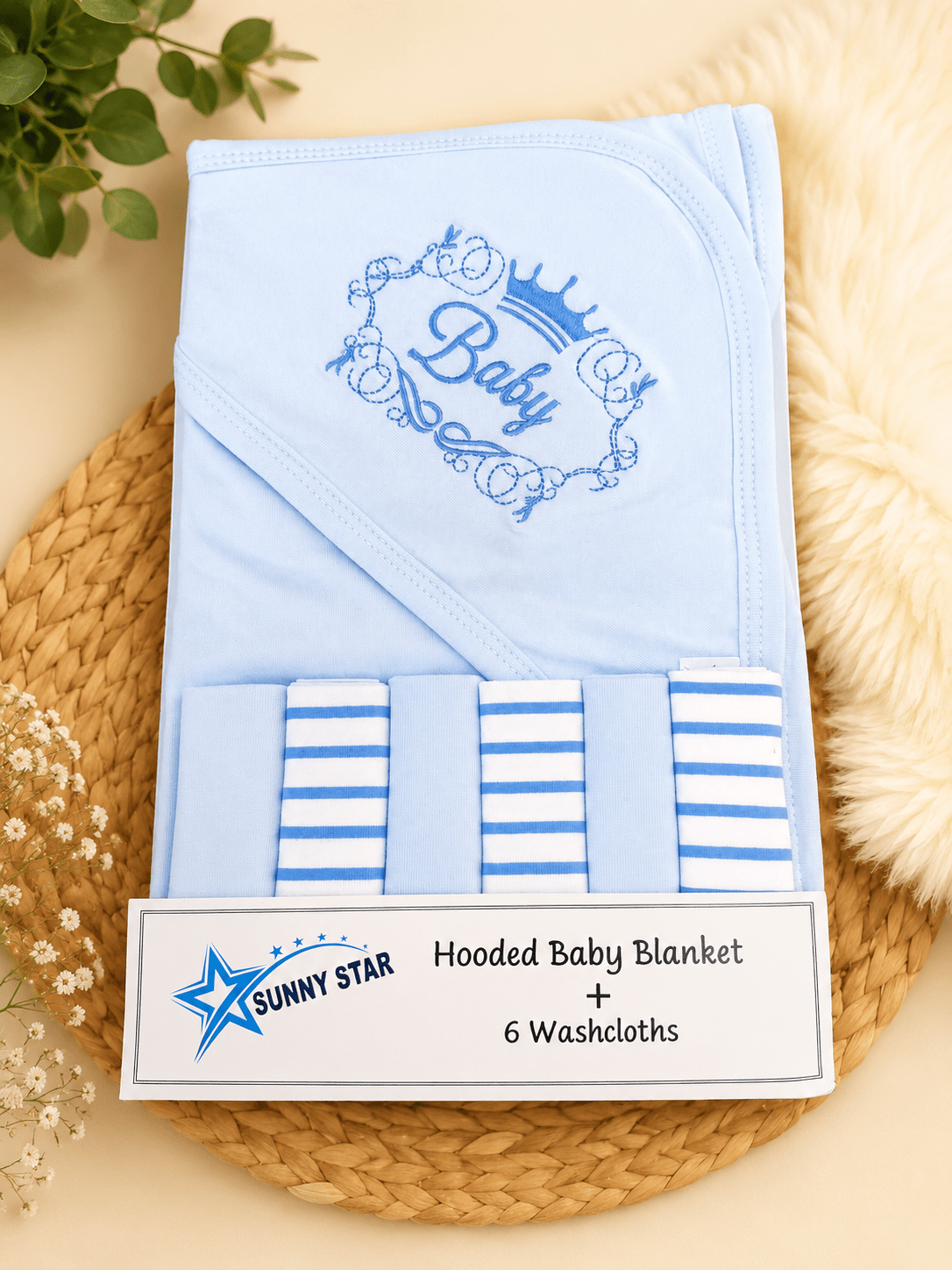 Sunny Star Hooded Baby Blanket Set with 6 Washcloths
