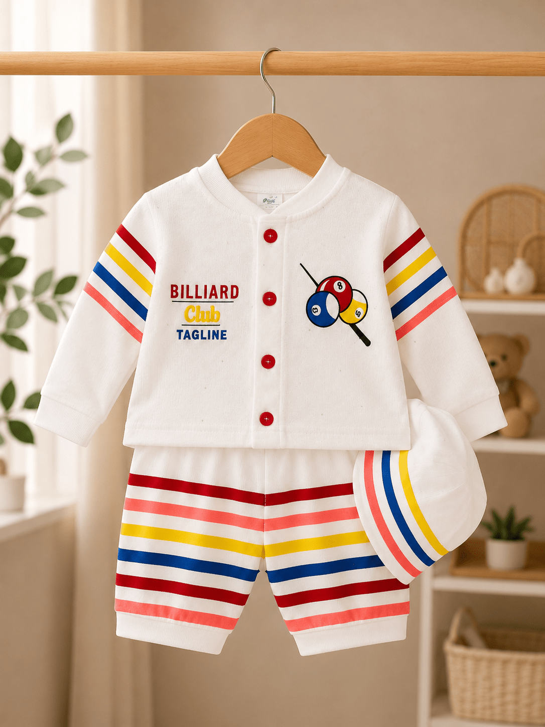 Billiard Club Baby Cotton 3-Piece Outfit Set with Cap | Newborn Baby Summer Dress | Soft Cotton Clothes